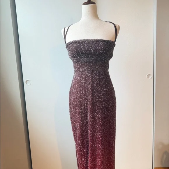 Oh Polly Monte Carlo Sparkle Ombre Strapless Maxi Dress - Burgundy to Red - Picture 2 of 3